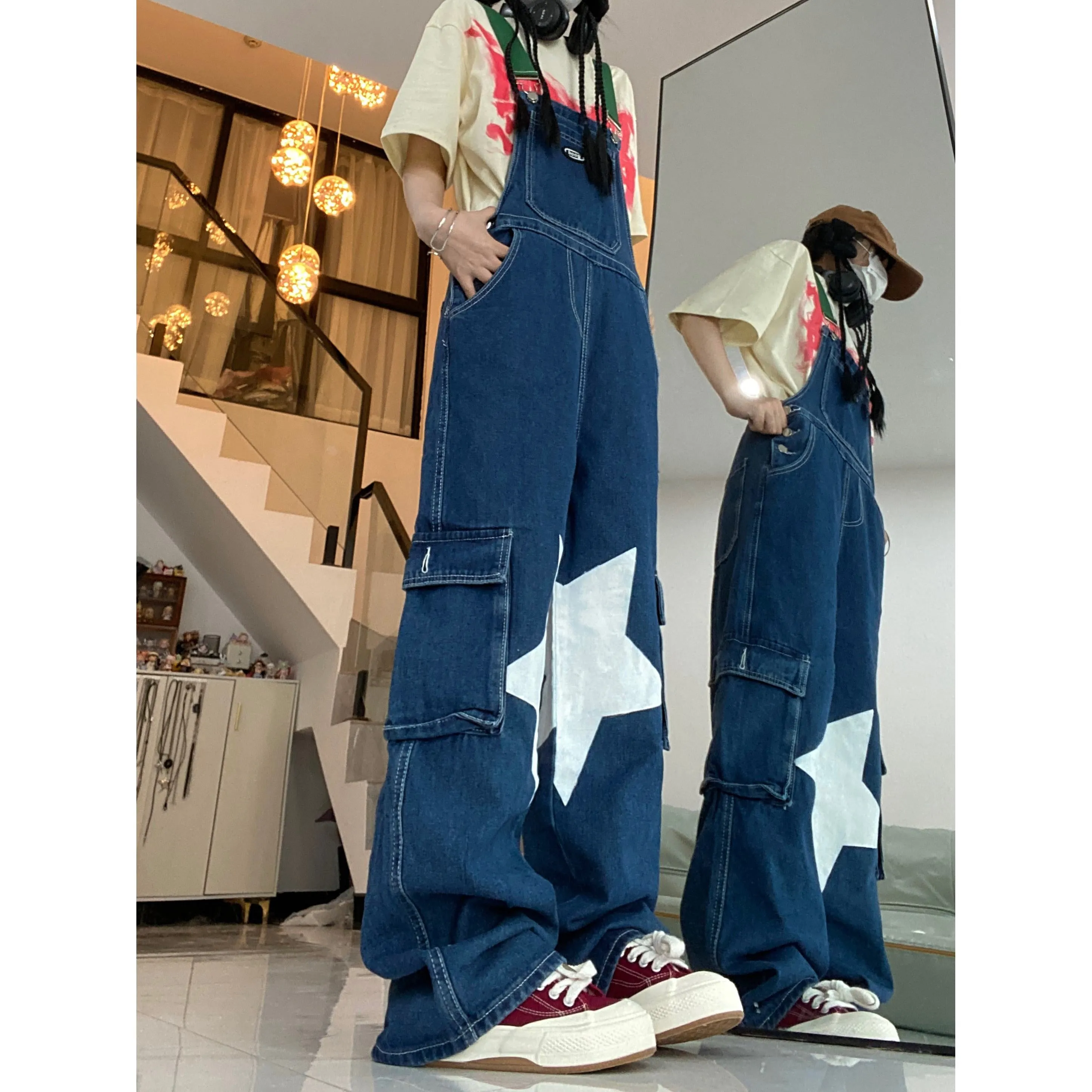 Retro Casual Stars Pattern Loose Fit Straight Leg Denim Overalls