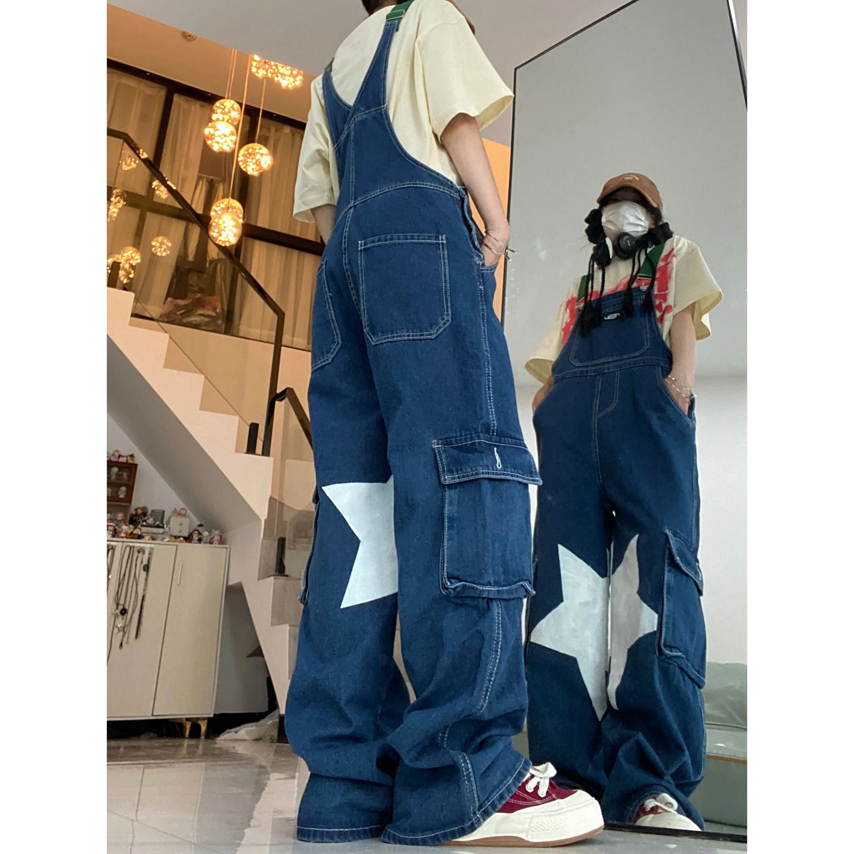 Retro Casual Stars Pattern Loose Fit Straight Leg Denim Overalls