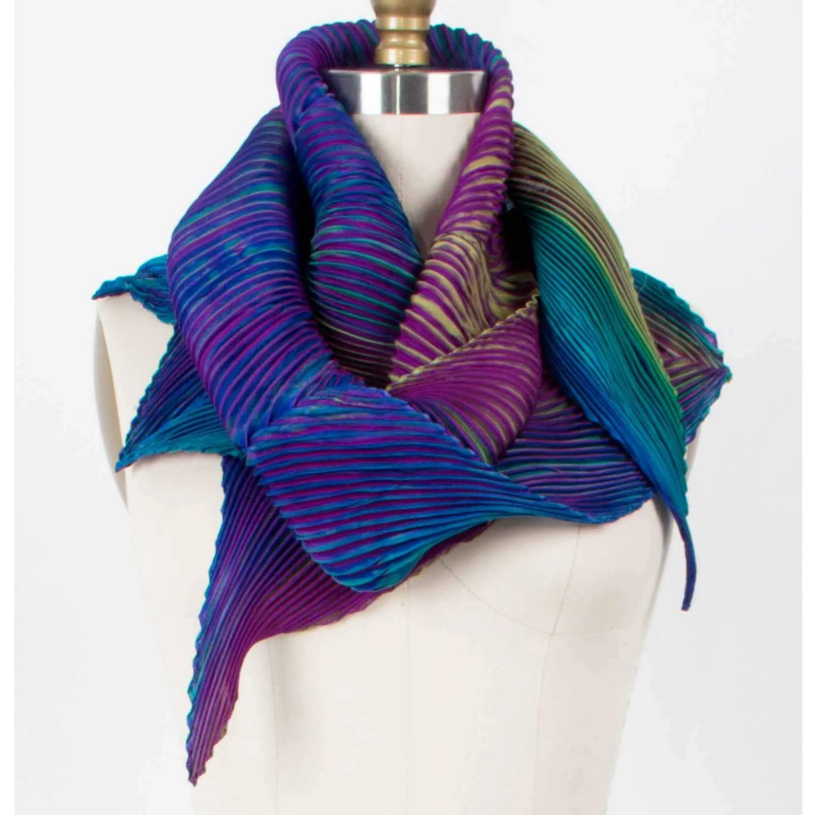 Shibori Silk Zigzag Scarf in Purple, Teal, and Lime by Cathayana