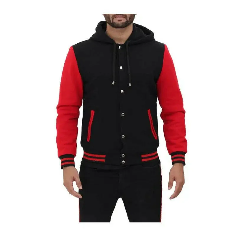 Shop Best Letterman High School Style Salerno Baseball Hooded Red and Black Varsity Jacket For Men