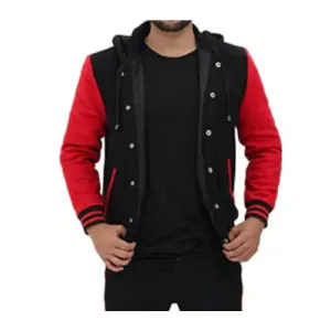 Shop Best Letterman High School Style Salerno Baseball Hooded Red and Black Varsity Jacket For Men