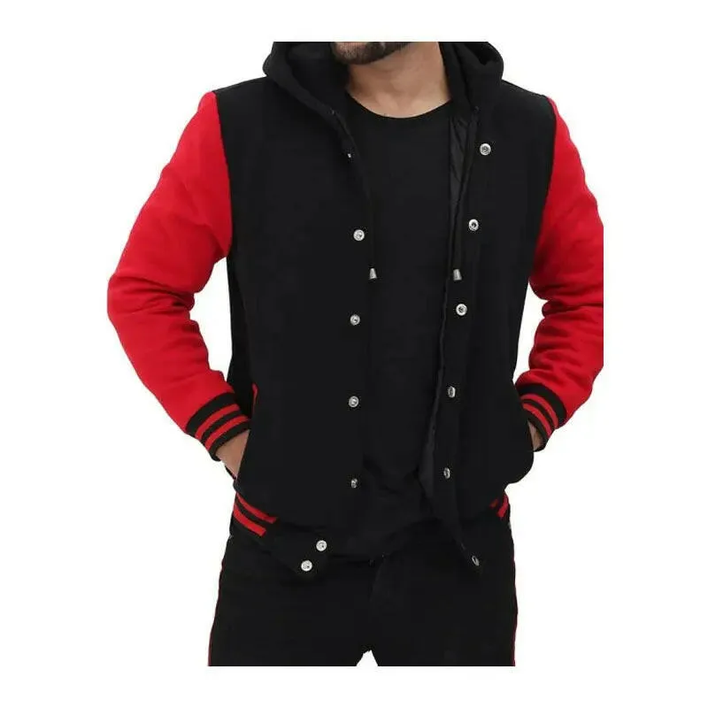 Shop Best Letterman High School Style Salerno Baseball Hooded Red and Black Varsity Jacket For Men