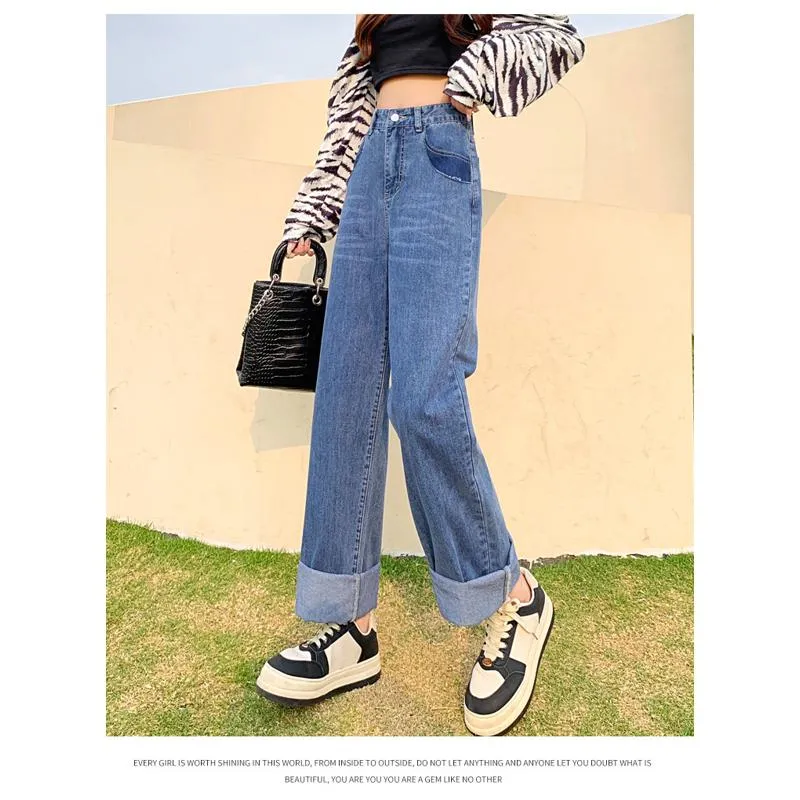 Slimming Floor-Length Draping Thin Loose Fit High-Waisted Wide-Leg Jeans