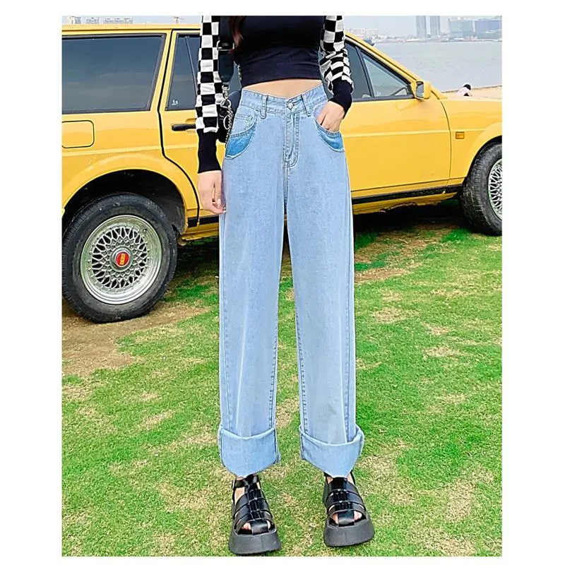 Slimming Floor-Length Draping Thin Loose Fit High-Waisted Wide-Leg Jeans