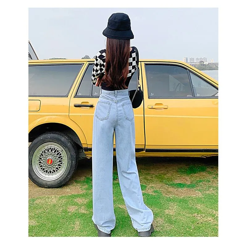 Slimming Floor-Length Draping Thin Loose Fit High-Waisted Wide-Leg Jeans