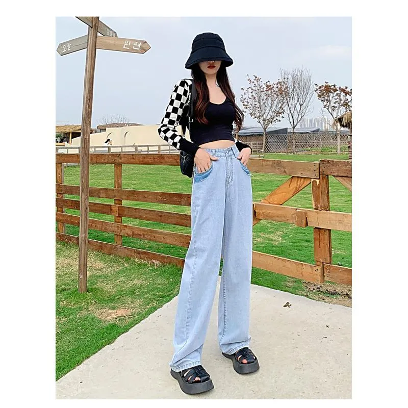 Slimming Floor-Length Draping Thin Loose Fit High-Waisted Wide-Leg Jeans