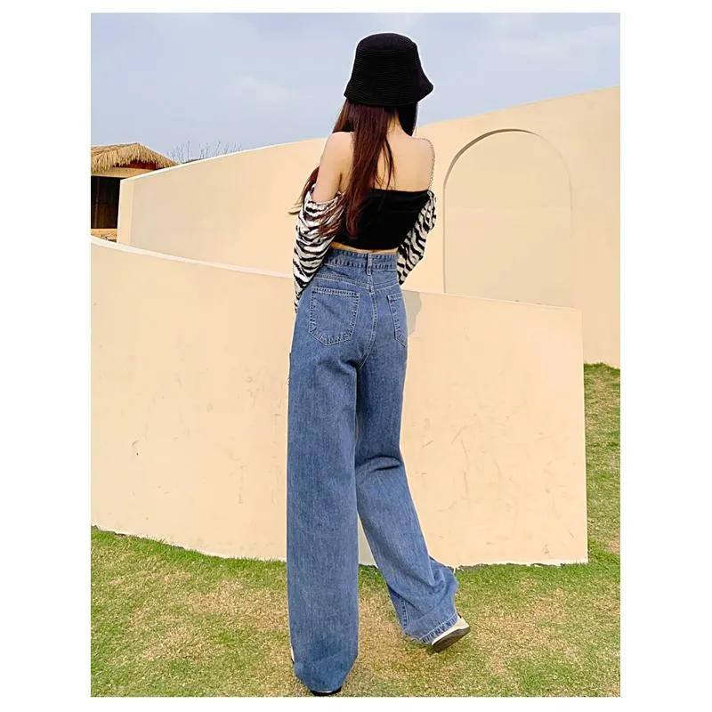 Slimming Floor-Length Draping Thin Loose Fit High-Waisted Wide-Leg Jeans