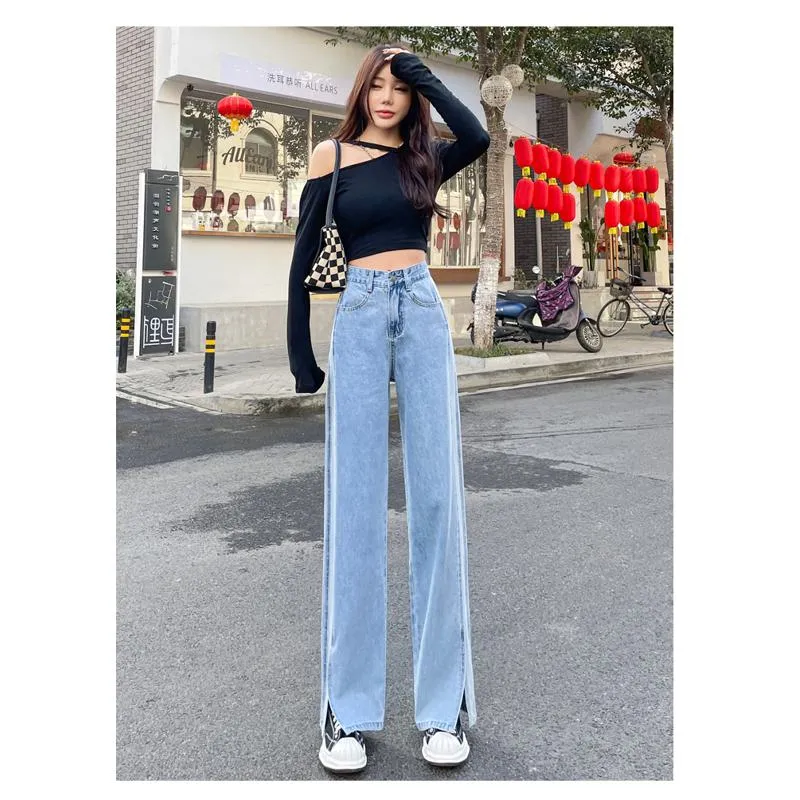 Slimming Versatile Floor-Length Draping Loose-Fit Straight High-Waisted Split Jeans