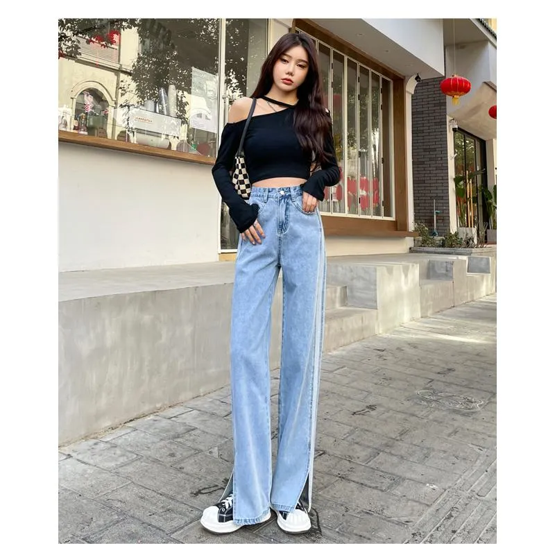 Slimming Versatile Floor-Length Draping Loose-Fit Straight High-Waisted Split Jeans