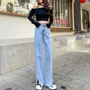 Slimming Versatile Floor-Length Draping Loose-Fit Straight High-Waisted Split Jeans