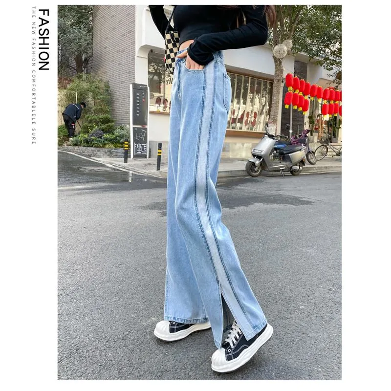 Slimming Versatile Floor-Length Draping Loose-Fit Straight High-Waisted Split Jeans