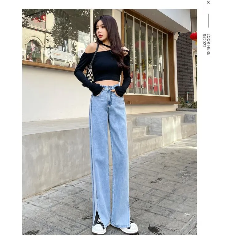 Slimming Versatile Floor-Length Draping Loose-Fit Straight High-Waisted Split Jeans