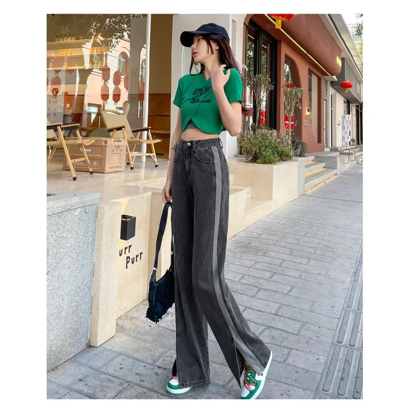 Slimming Versatile Floor-Length Draping Loose-Fit Straight High-Waisted Split Jeans