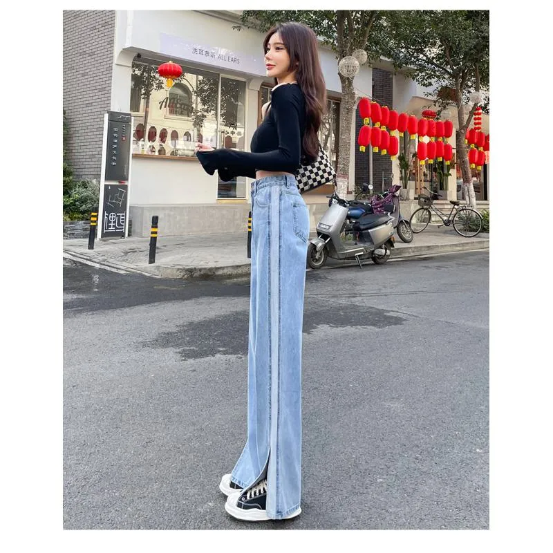 Slimming Versatile Floor-Length Draping Loose-Fit Straight High-Waisted Split Jeans