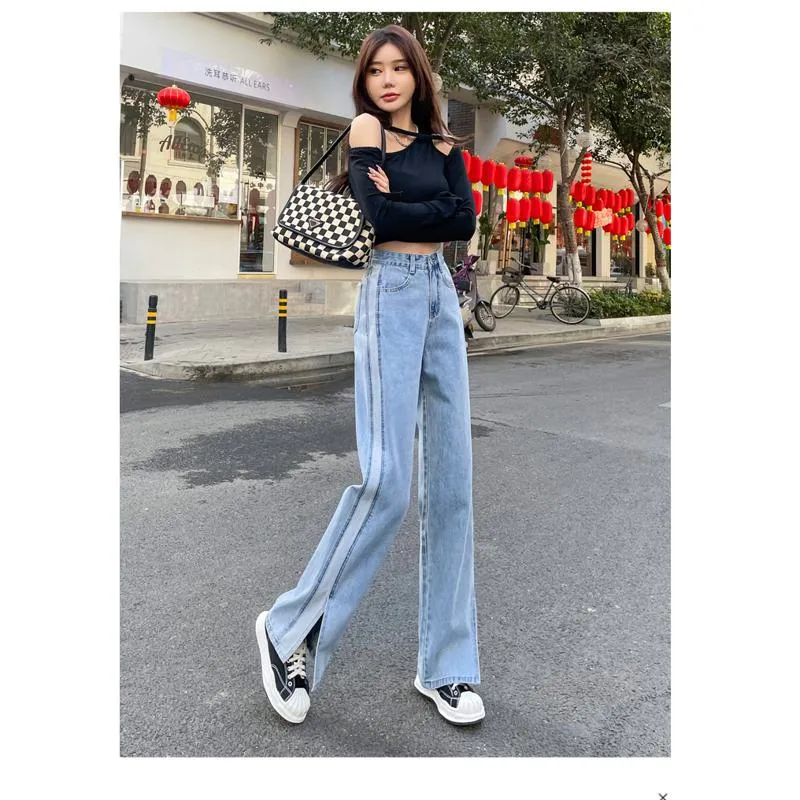 Slimming Versatile Floor-Length Draping Loose-Fit Straight High-Waisted Split Jeans