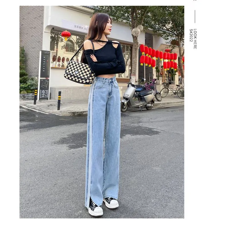 Slimming Versatile Floor-Length Draping Loose-Fit Straight High-Waisted Split Jeans