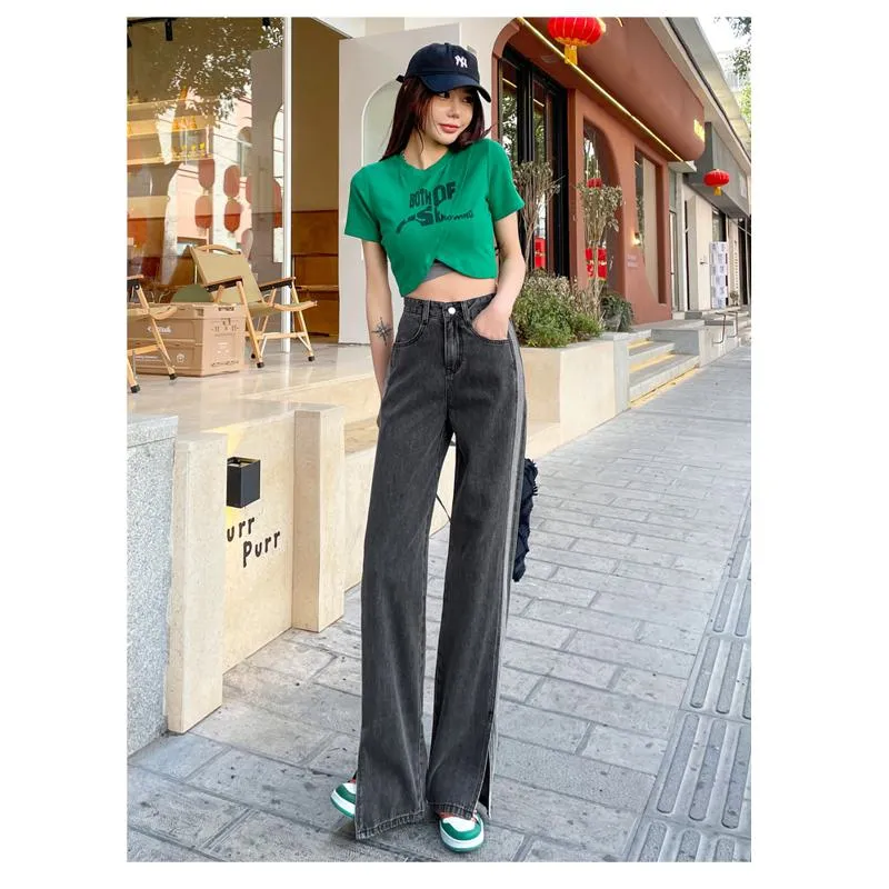 Slimming Versatile Floor-Length Draping Loose-Fit Straight High-Waisted Split Jeans