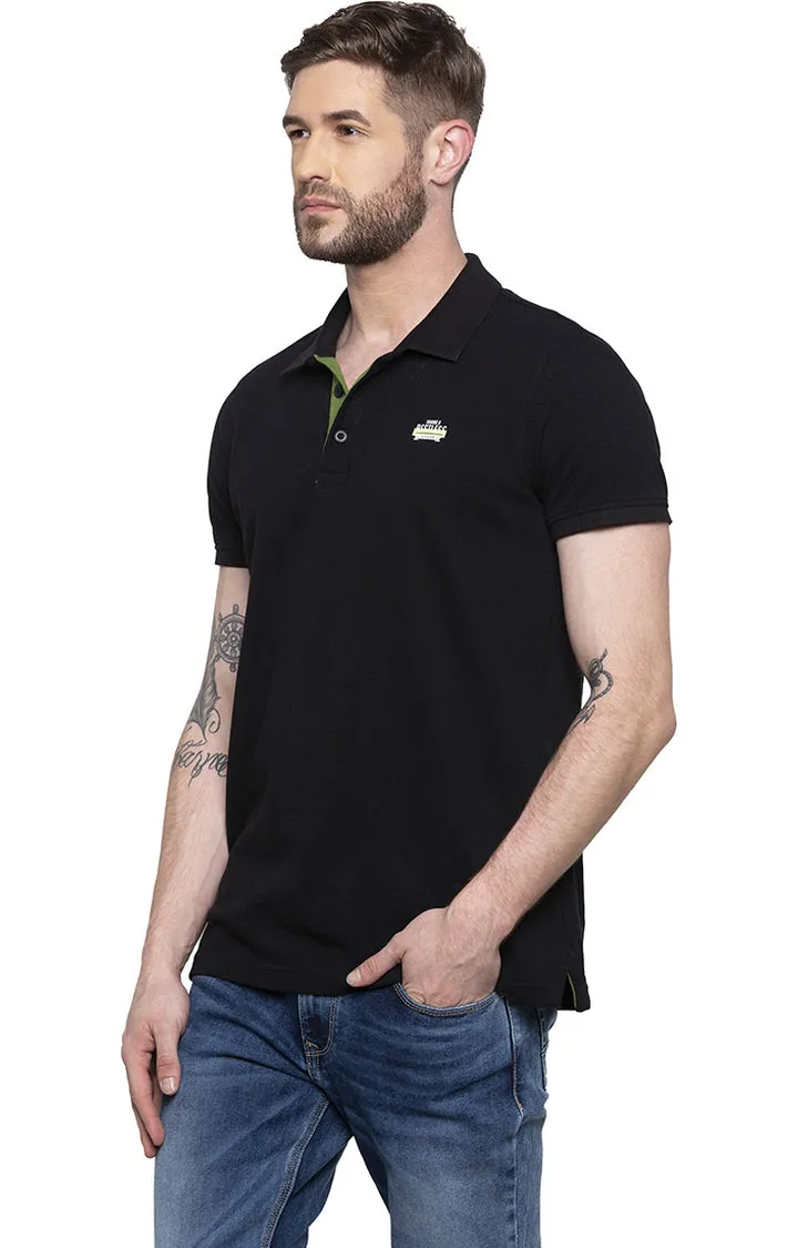 Spykar Black Solid Polo Tshirt For Men