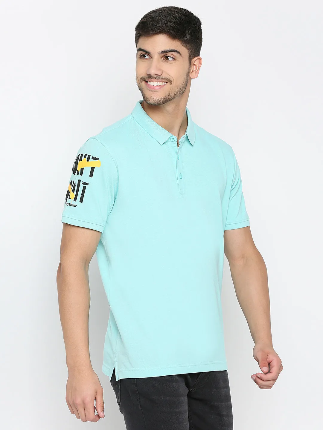 Spykar Bleached Aqua Cotton Half Sleeve Plain Polo T-Shirt For Men