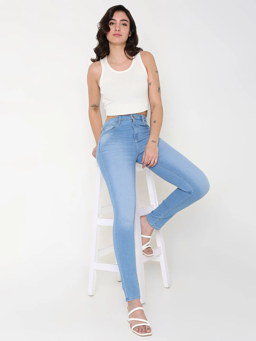 Spykar Blue Skinny Fit High-Rise Cotton Blend Jeans For Women