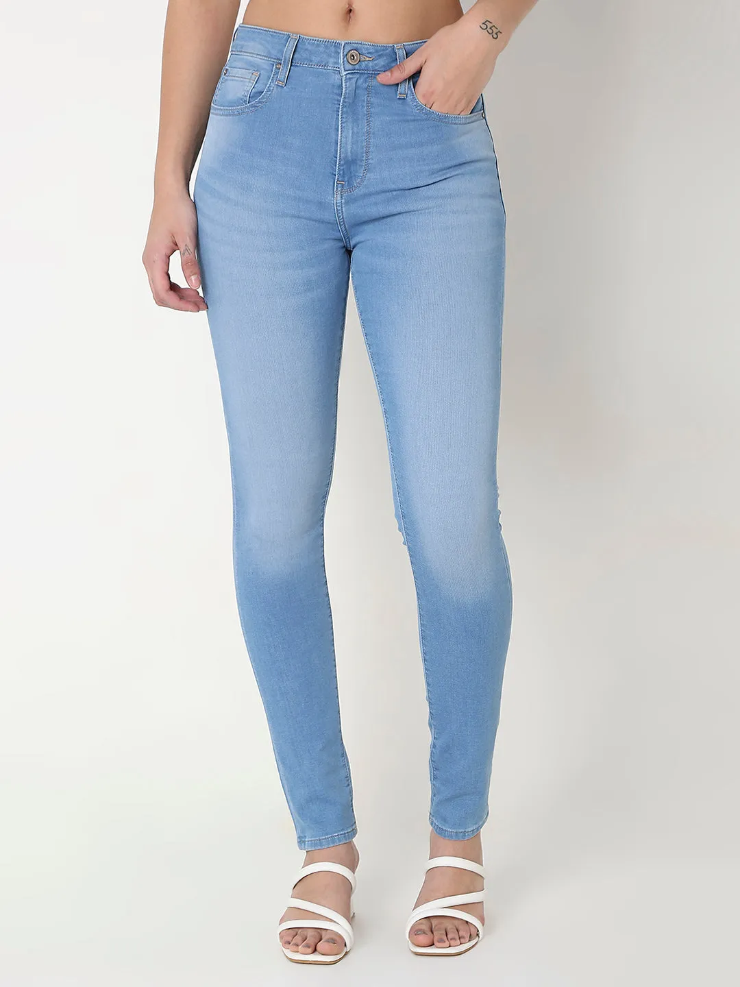 Spykar Blue Skinny Fit High-Rise Cotton Blend Jeans For Women