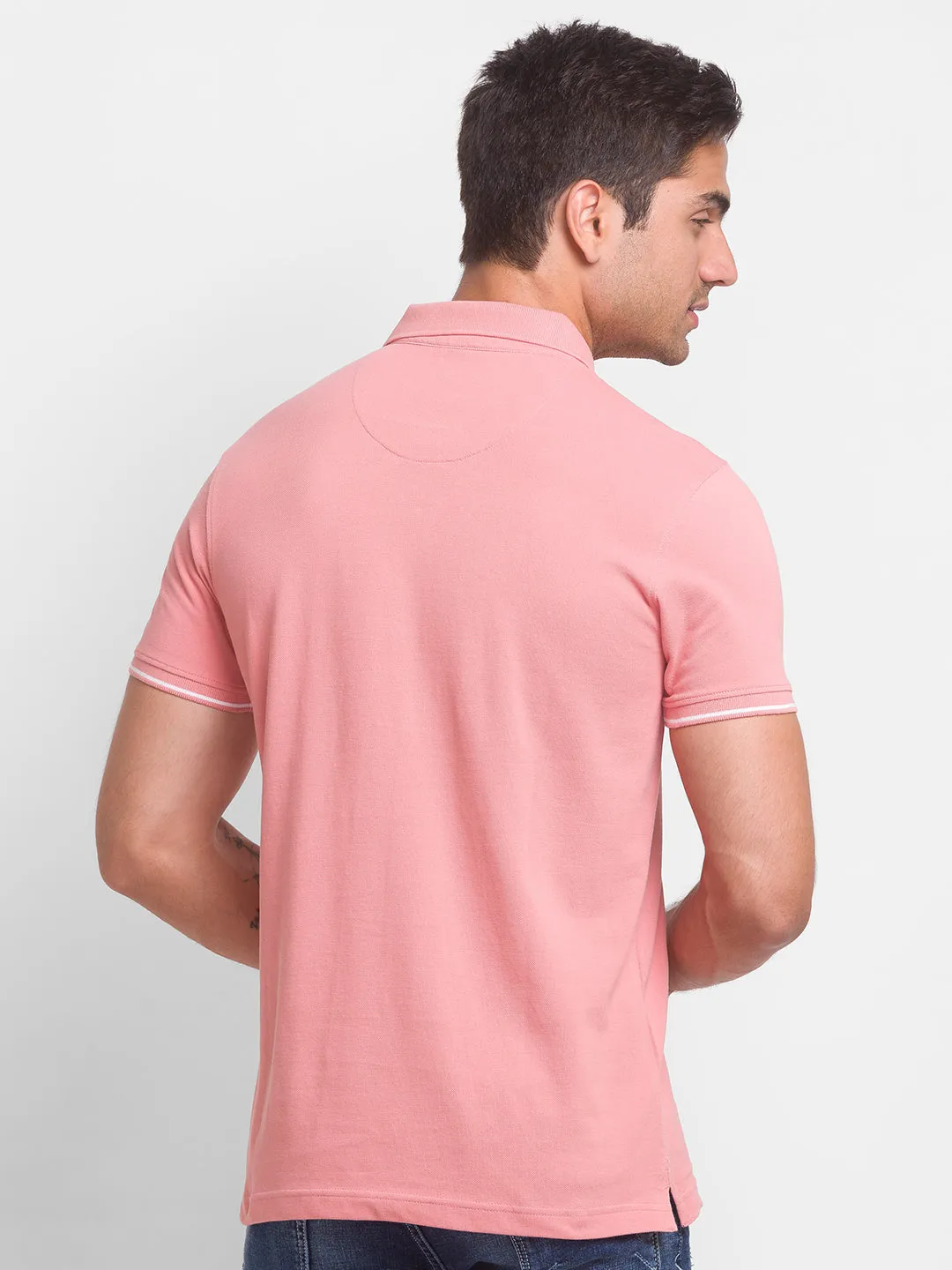 Spykar Dusty Pink Cotton Half Sleeve Plain Casual Polo T-Shirt For Men