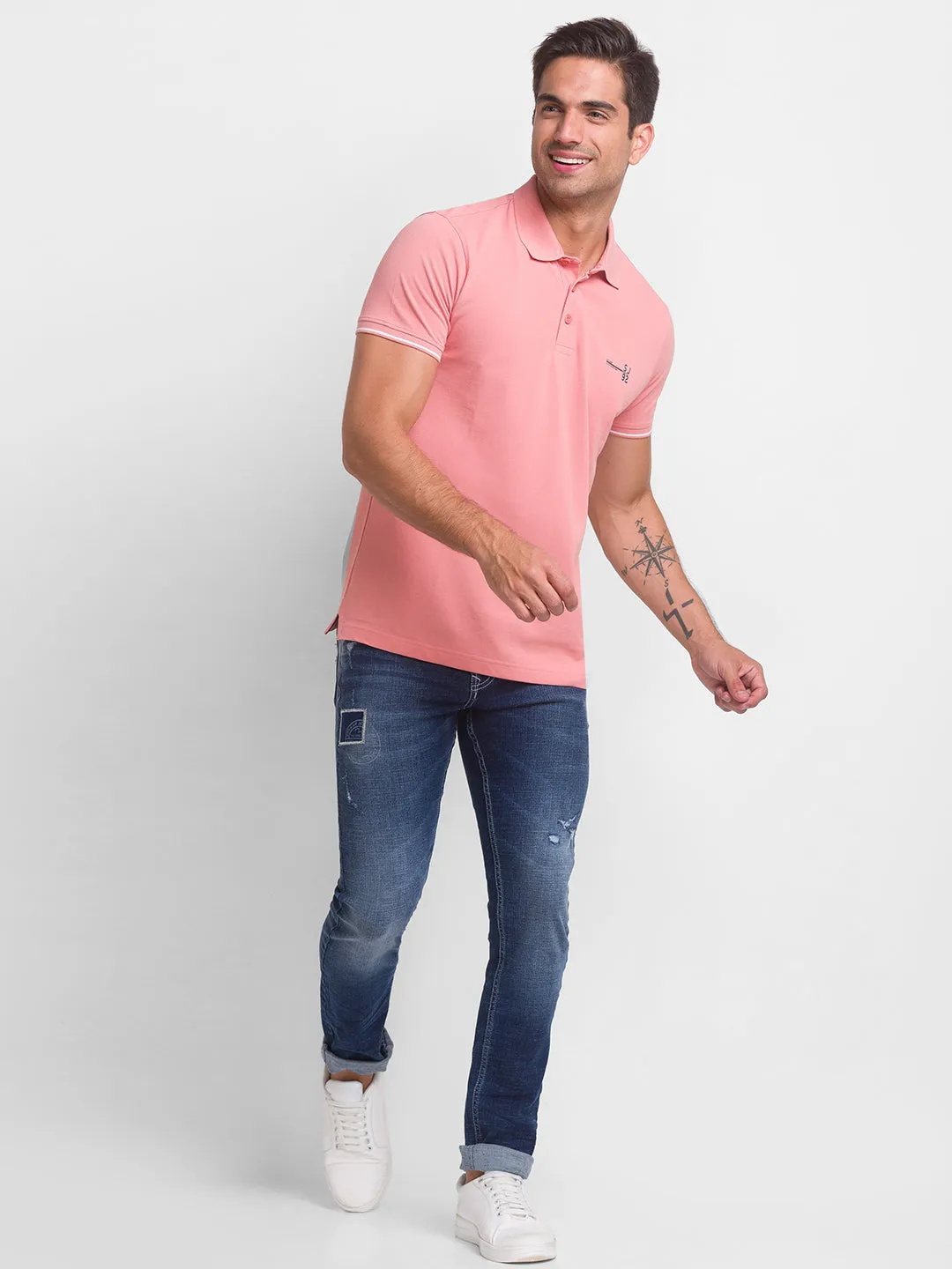 Spykar Dusty Pink Cotton Half Sleeve Plain Casual Polo T-Shirt For Men