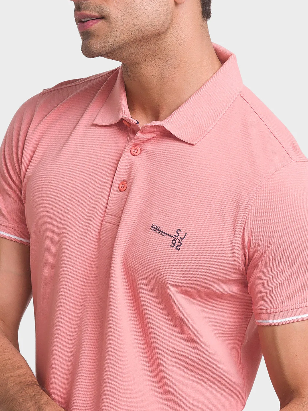 Spykar Dusty Pink Cotton Half Sleeve Plain Casual Polo T-Shirt For Men