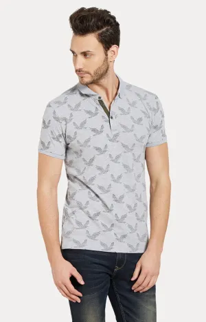 Spykar Grey Printed Slim Fit Polo T-Shirt