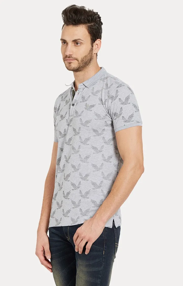 Spykar Grey Printed Slim Fit Polo T-Shirt