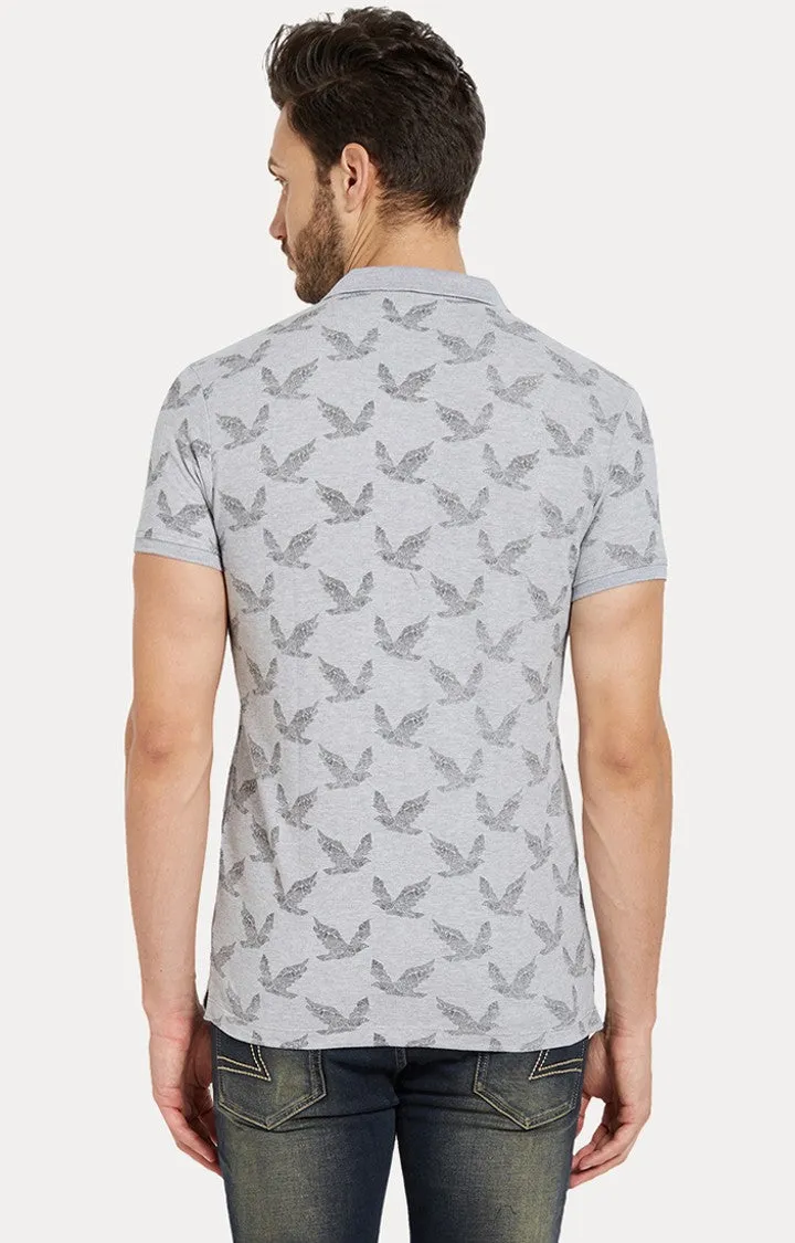 Spykar Grey Printed Slim Fit Polo T-Shirt