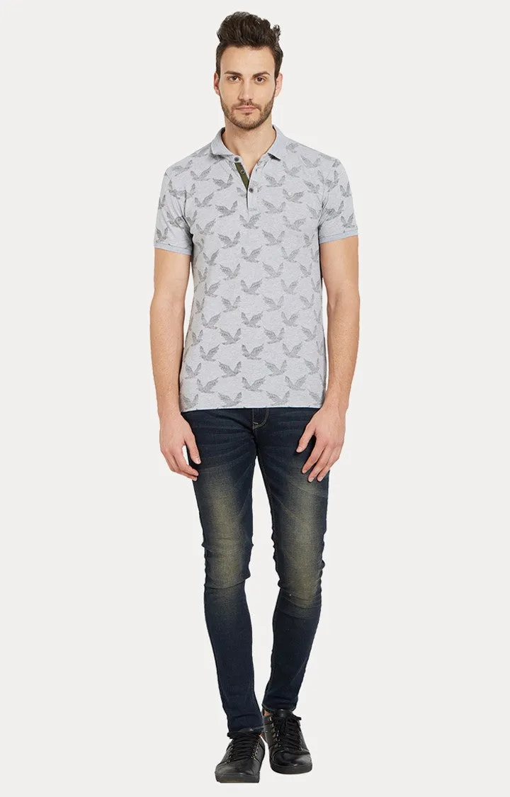 Spykar Grey Printed Slim Fit Polo T-Shirt