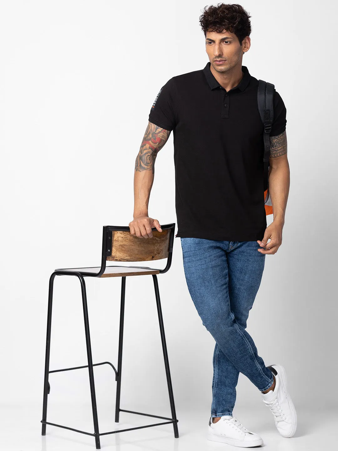 Spykar Men Black Cotton Regular Fit Half Sleeve Plain Polo T-Shirt