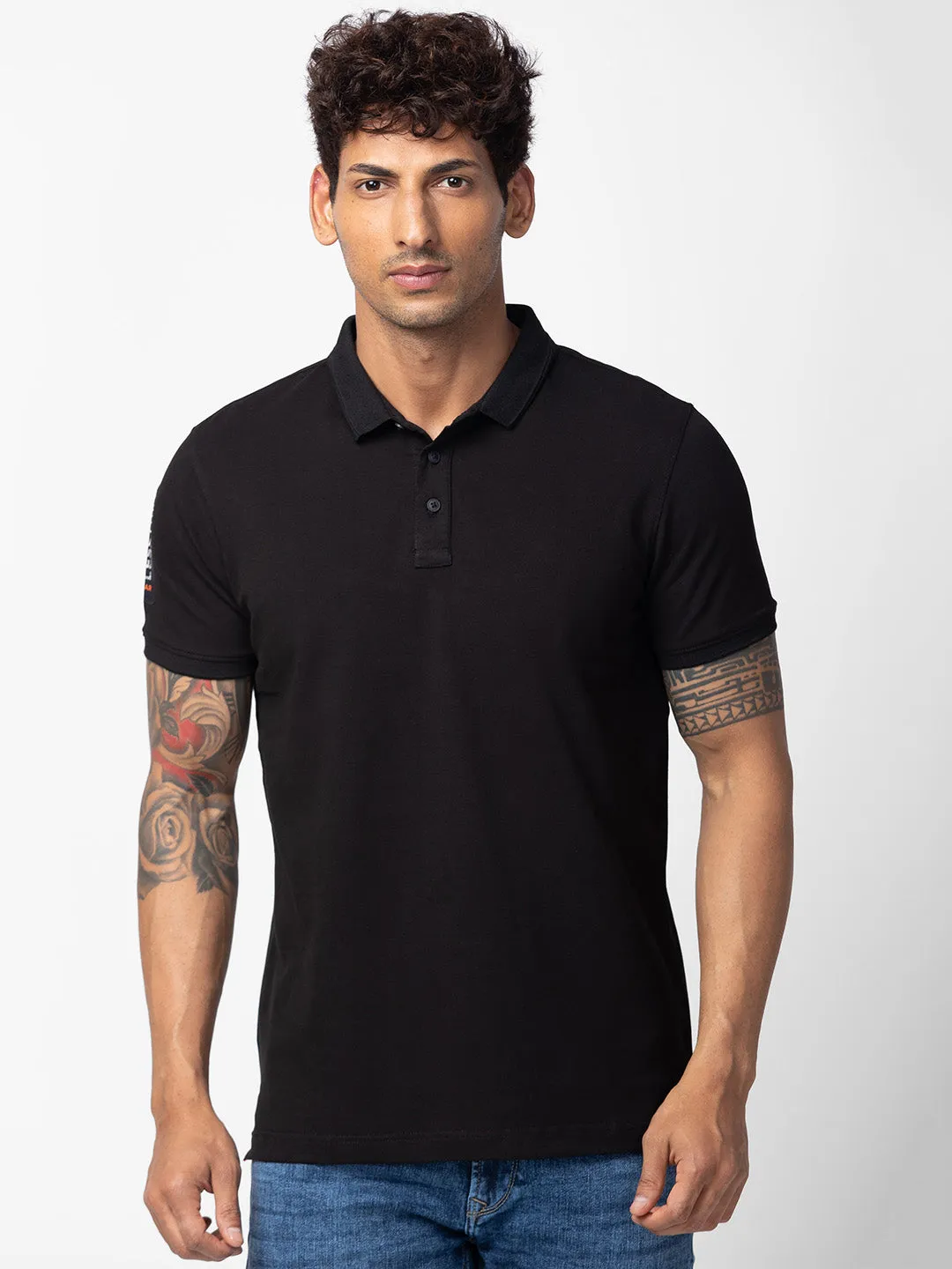 Spykar Men Black Cotton Regular Fit Half Sleeve Plain Polo T-Shirt