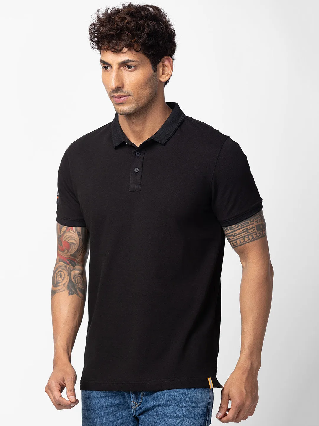 Spykar Men Black Cotton Regular Fit Half Sleeve Plain Polo T-Shirt