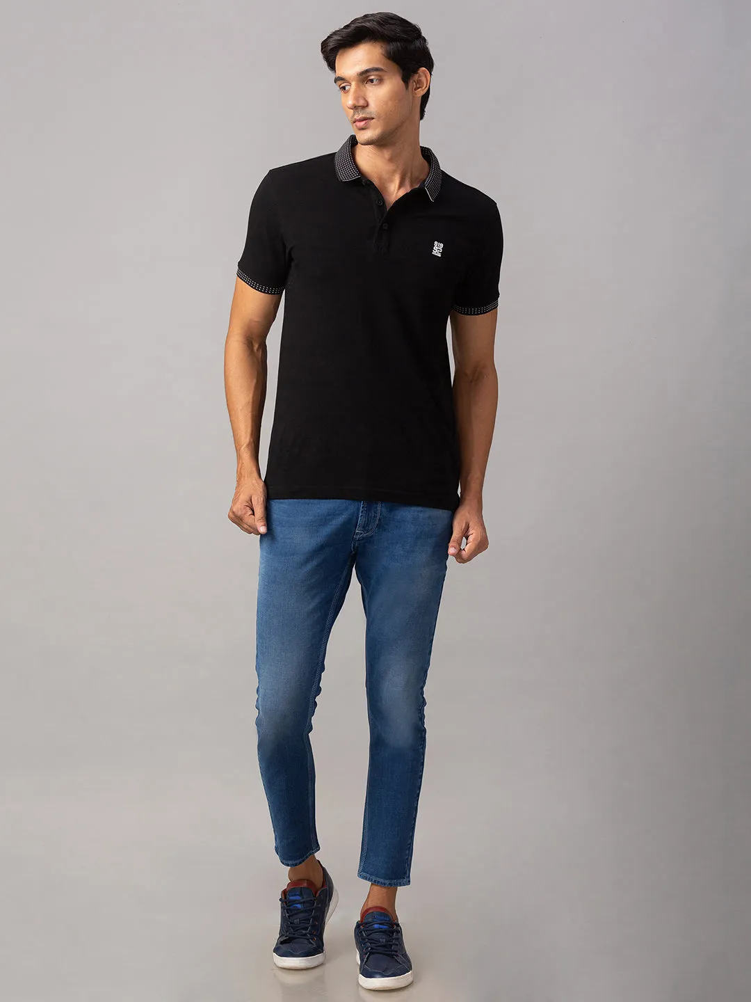 Spykar Men Black Cotton Slim Fit Polo T-Shirt