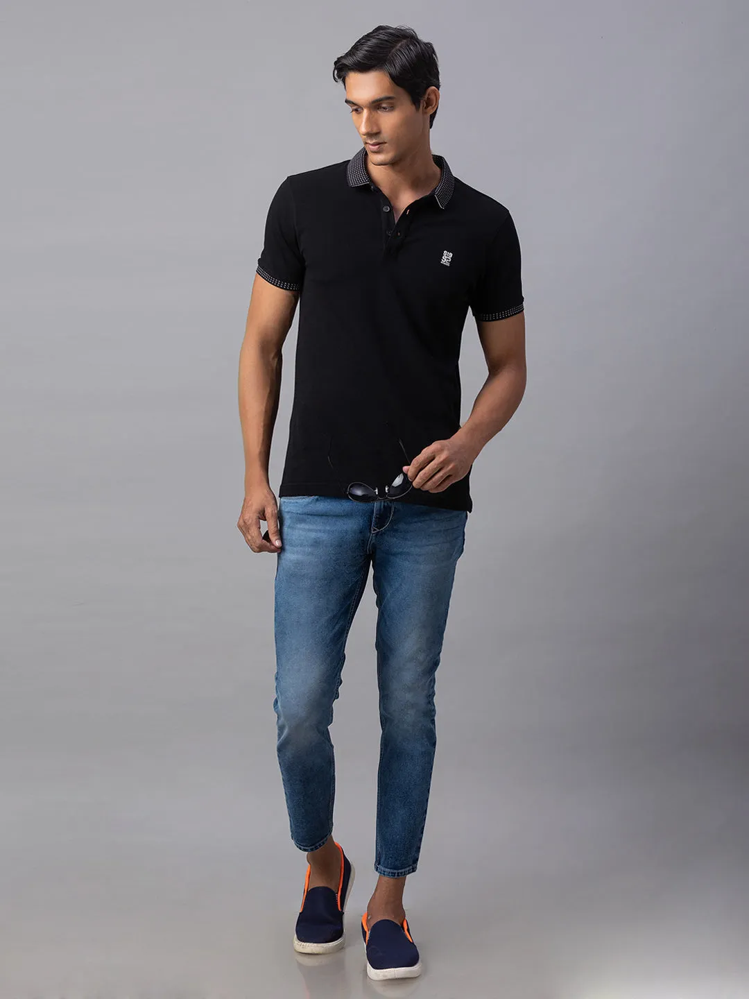 Spykar Men Black Cotton Slim Fit Polo T-Shirt