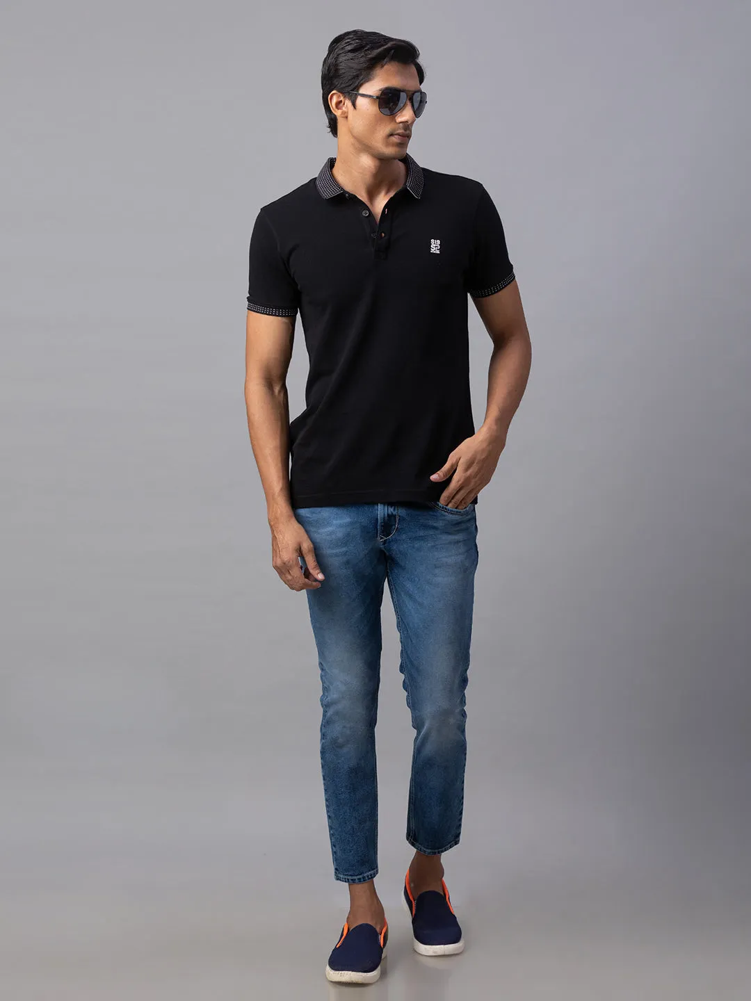 Spykar Men Black Cotton Slim Fit Polo T-Shirt