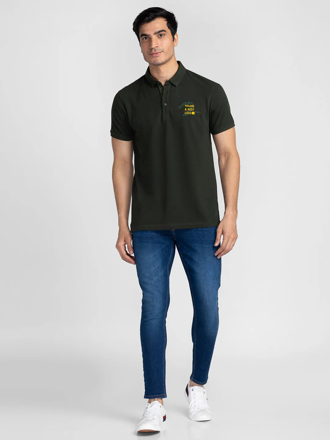 Spykar Men Bottle Green Cotton Slim Fit Polo Plain T-Shirt