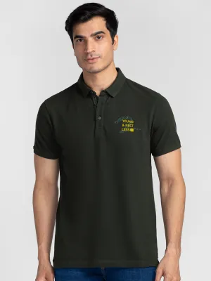 Spykar Men Bottle Green Cotton Slim Fit Polo Plain T-Shirt