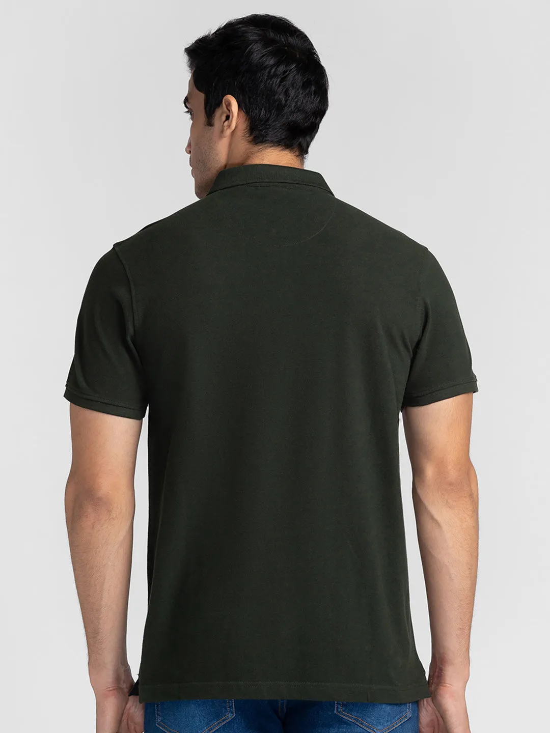 Spykar Men Bottle Green Cotton Slim Fit Polo Plain T-Shirt