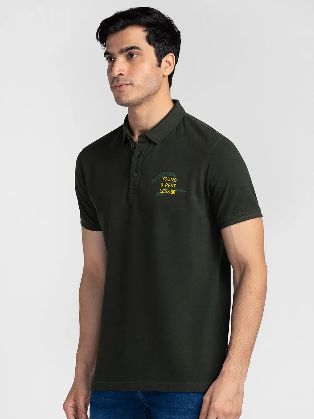 Spykar Men Bottle Green Cotton Slim Fit Polo Plain T-Shirt