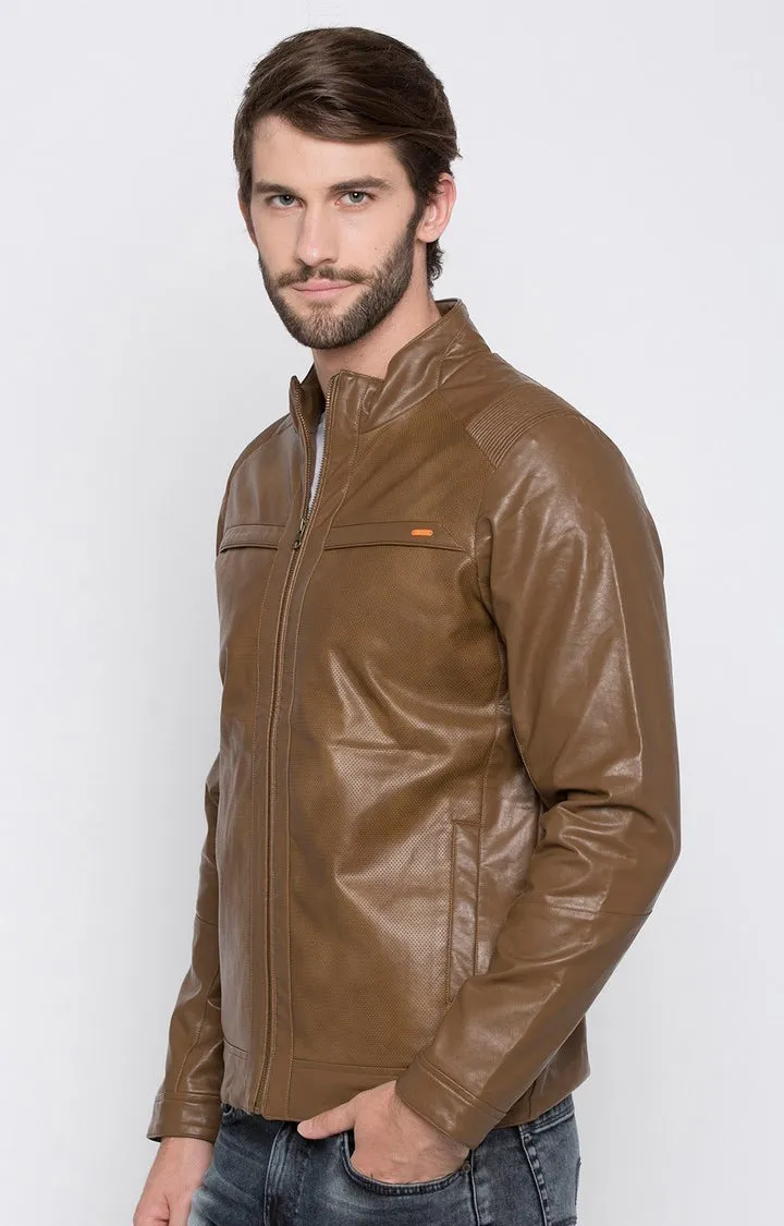 Spykar Men Brown Solid Regular Fit Leather Jacket