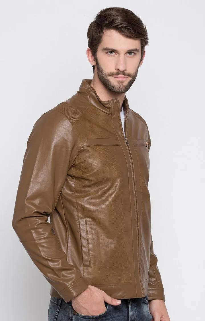 Spykar Men Brown Solid Regular Fit Leather Jacket