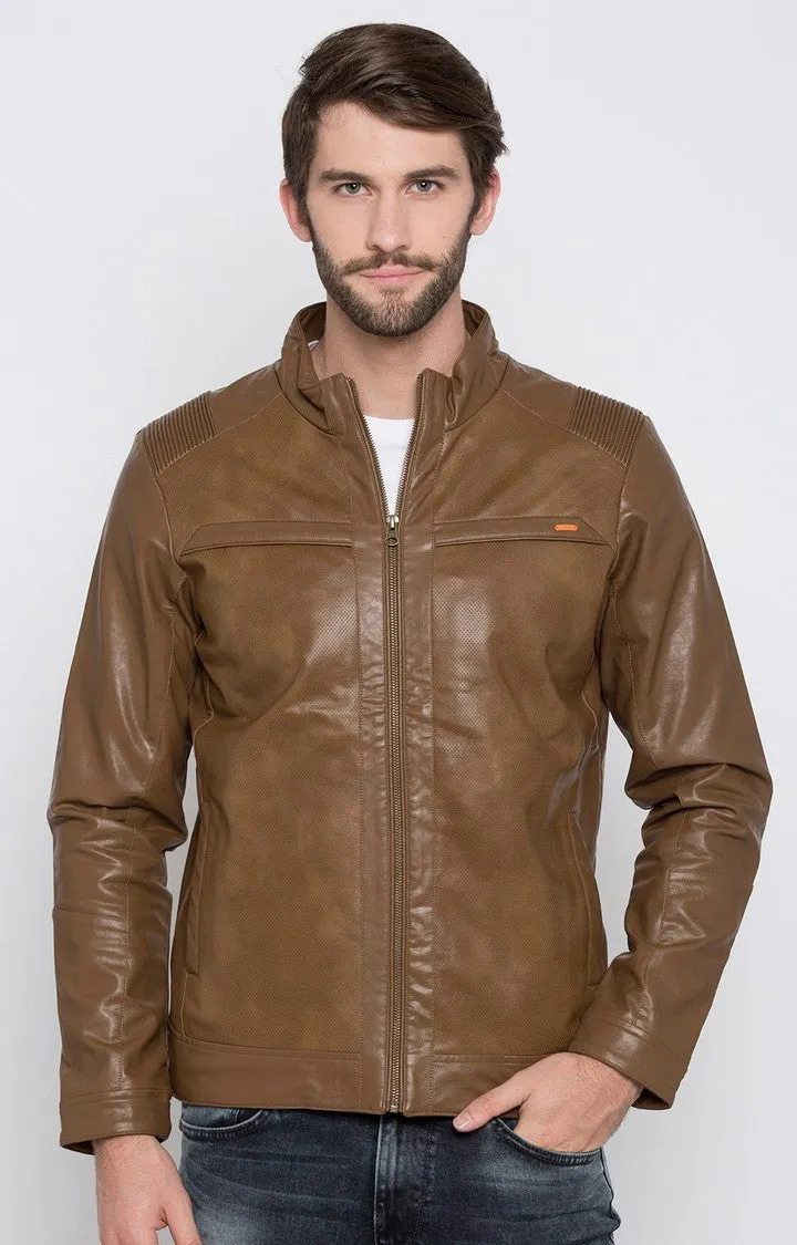 Spykar Men Brown Solid Regular Fit Leather Jacket