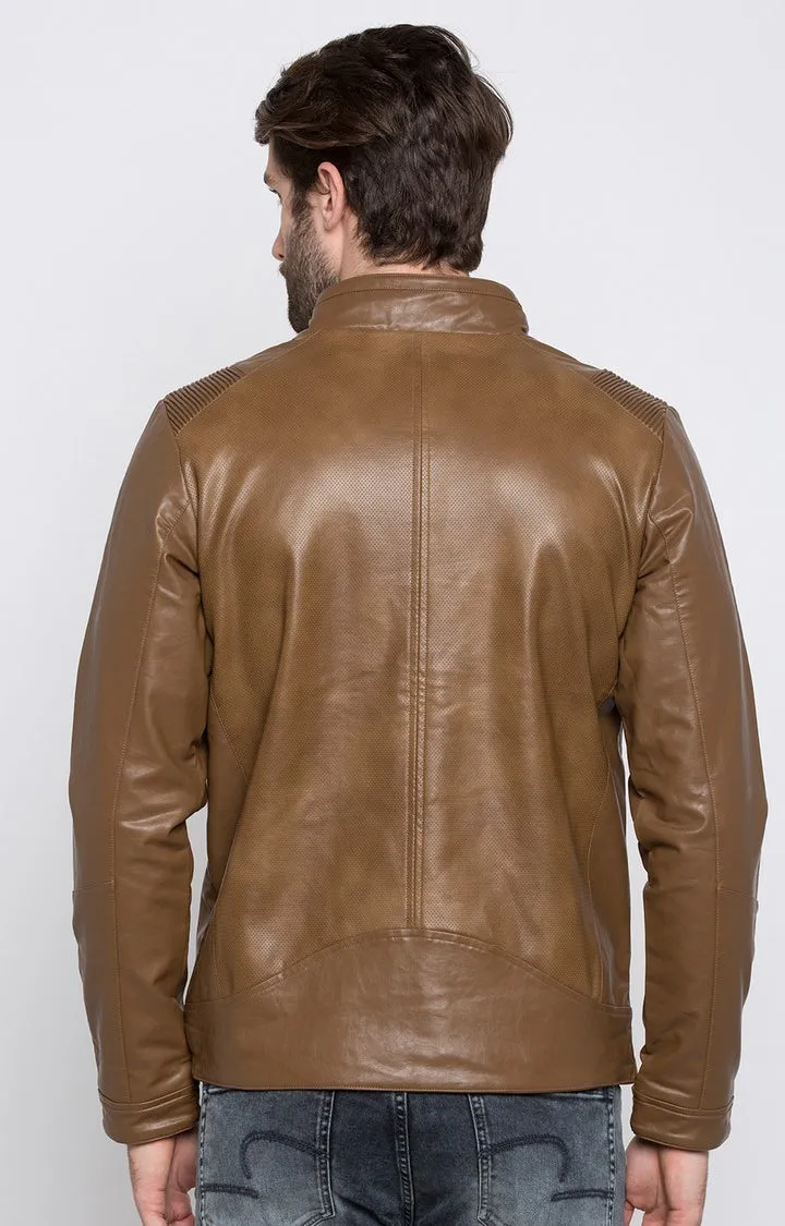 Spykar Men Brown Solid Regular Fit Leather Jacket