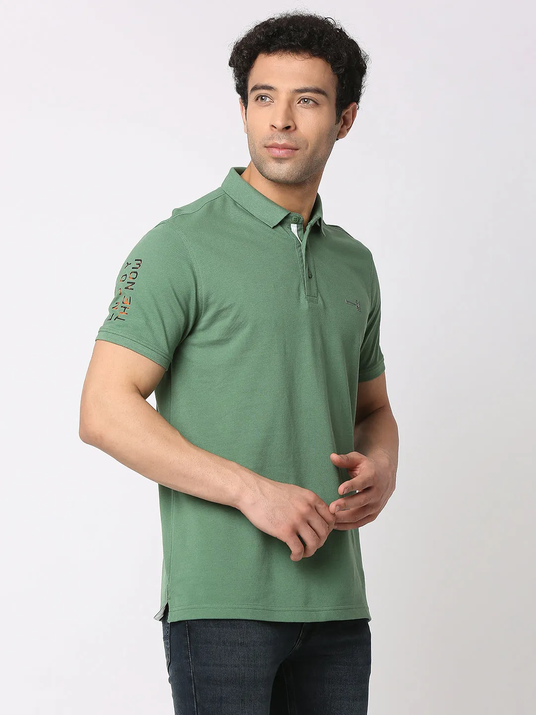 Spykar Men Dark Sage Green Cotton Regular Fit Polo Plain T-Shirt