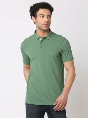 Spykar Men Dark Sage Green Cotton Regular Fit Polo Plain T-Shirt