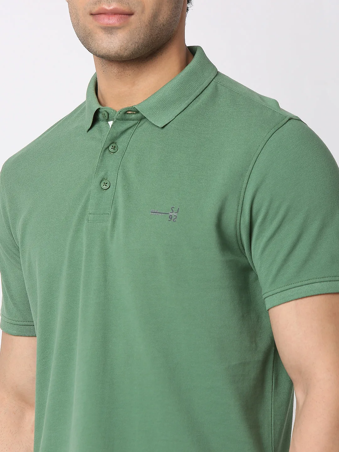 Spykar Men Dark Sage Green Cotton Regular Fit Polo Plain T-Shirt