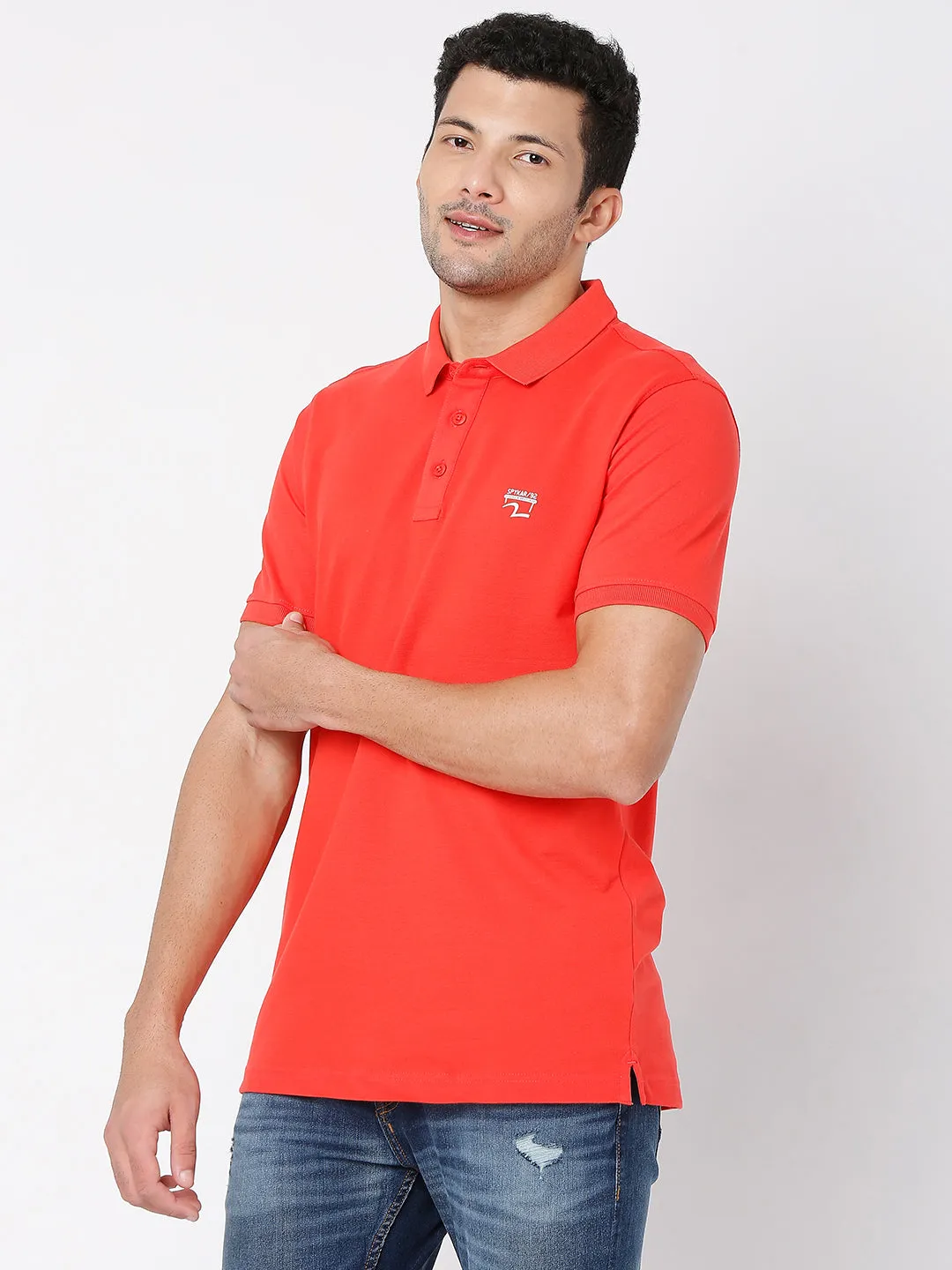 Spykar Men Deep Coral Cotton Half Sleeve Plain Casual Polo Tshirt